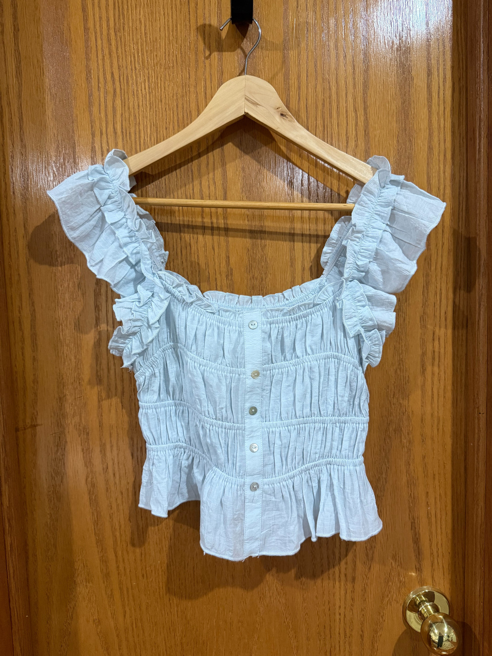 Thirty Three Light Blue Ruched Ruffle Button Front Top Size S